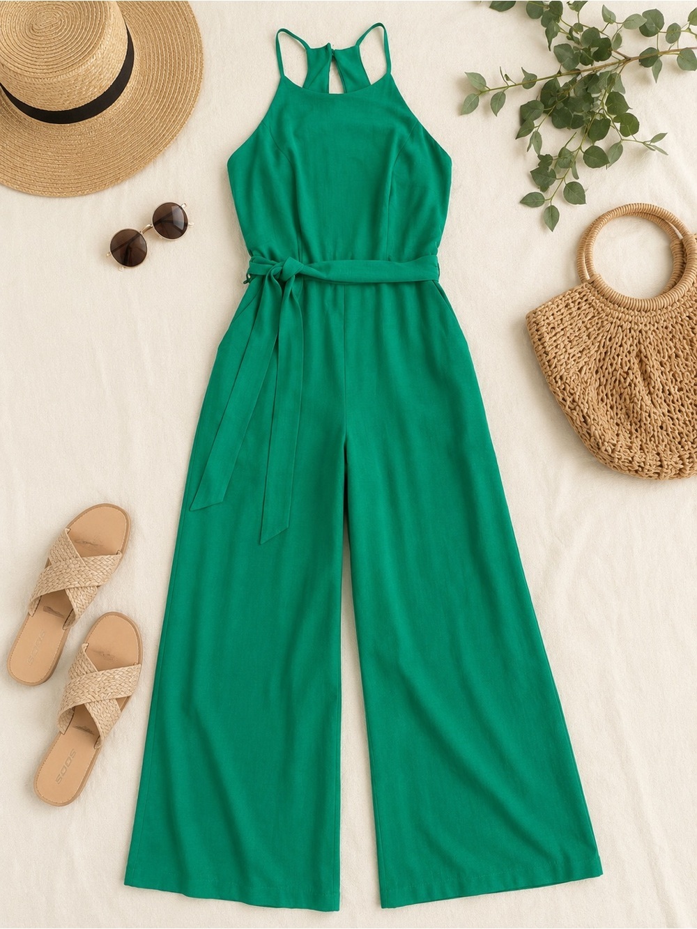 Premier Amour Emerald Green Halter Wide Leg Jumpsuit Size 10 Tie Waist